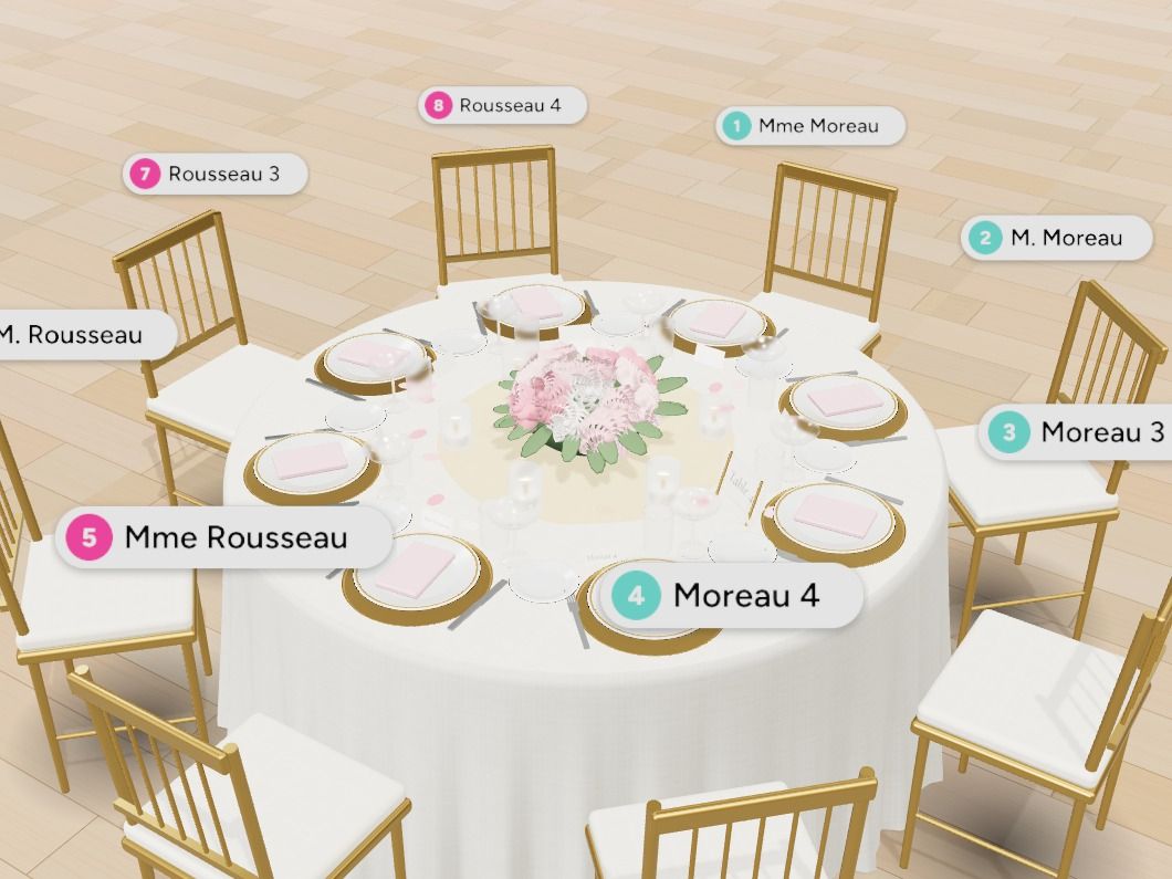 Table ronde dressée en 3D, chaque invité à sa place