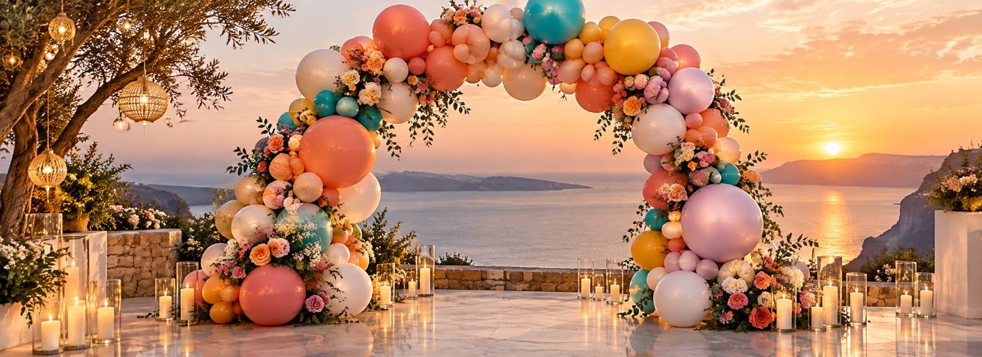 Une arche de ballons et de fleurs face à la mer au coucher du soleil