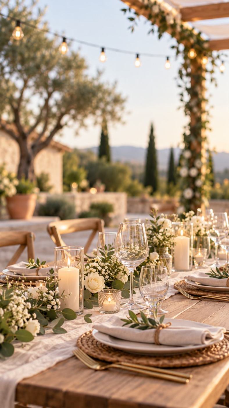 Une table de mariage champêtre au coucher du soleil, bougies et fleurs blanches