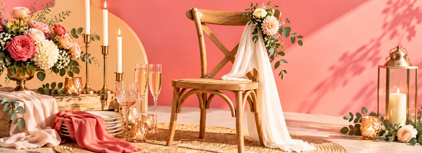 Une chaise en bois drapée de voilage et de fleurs, décor corail