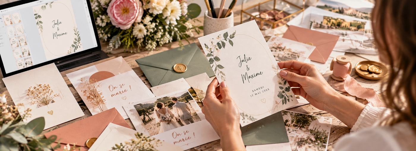 Faire-part fleuris, enveloppes et cachets de cire sur une table