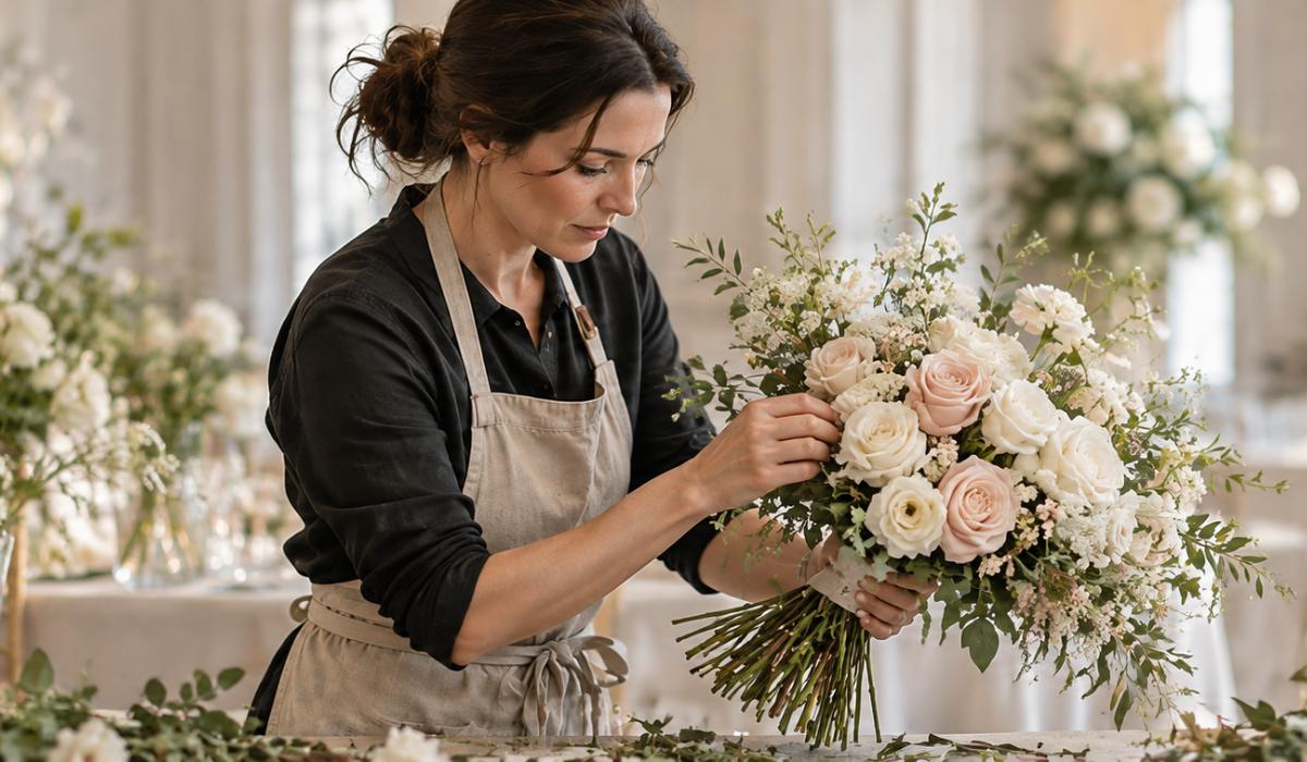Une fleuriste compose un bouquet