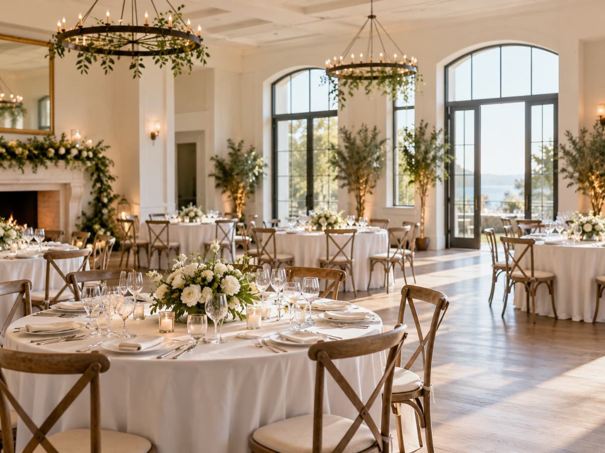 Une salle de réception lumineuse avec lustres, verdure et tables dressées