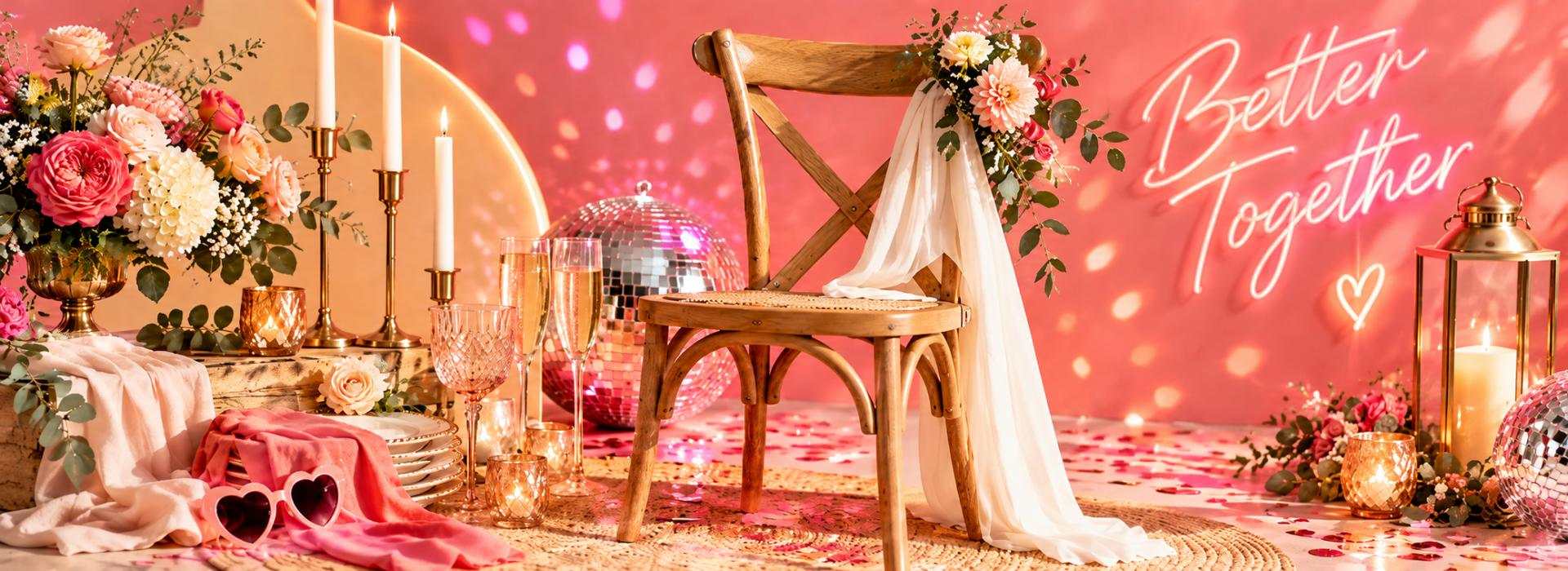 Décoration rose et disco : chaise drapée, fleurs, bougies et néon Better Together