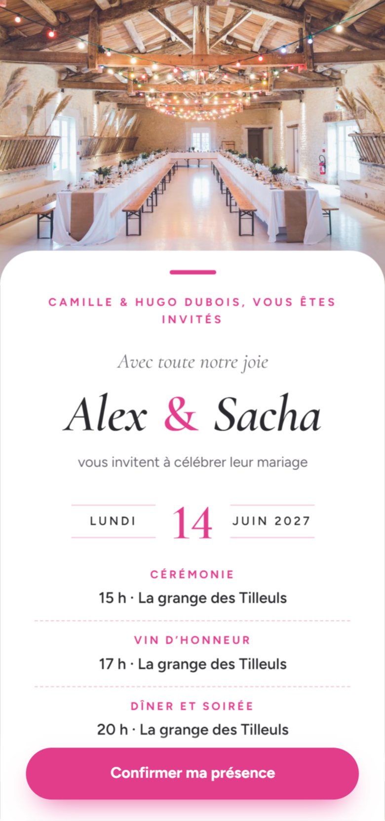 Le faire-part d’Alex et Sacha sur un téléphone